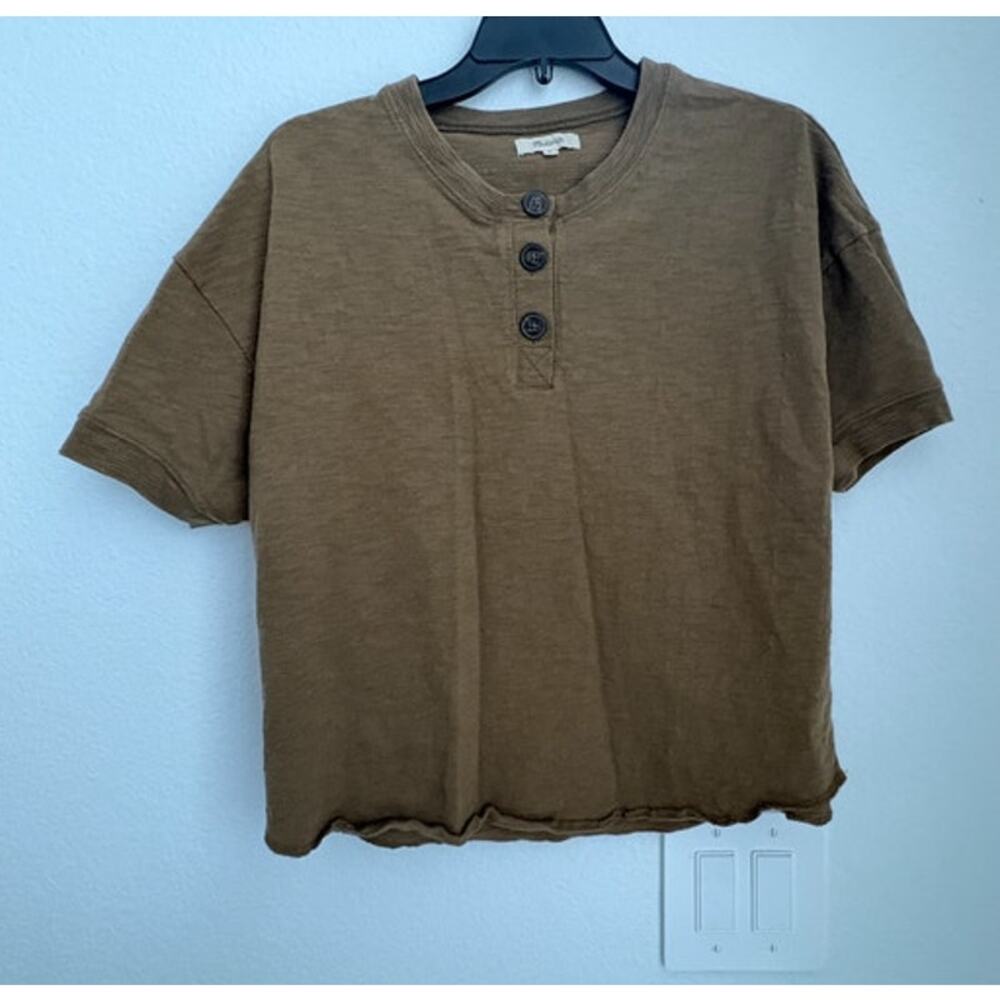 Womens Madewell Brown Raw Edge Henley Tee Size Medium - Picture 2 of 5